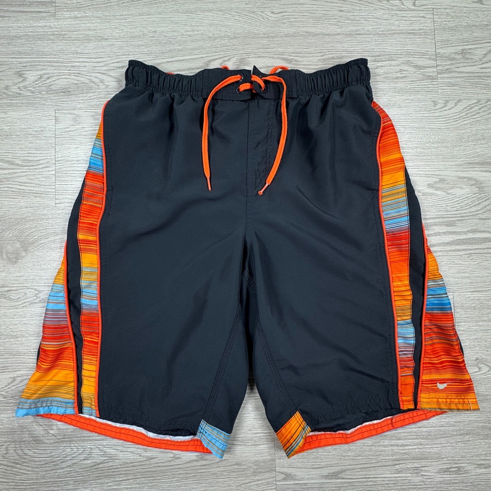 Nike‎ Mens Swim Trunks Board Shorts Black Orange Striped Medium Mesh Lined